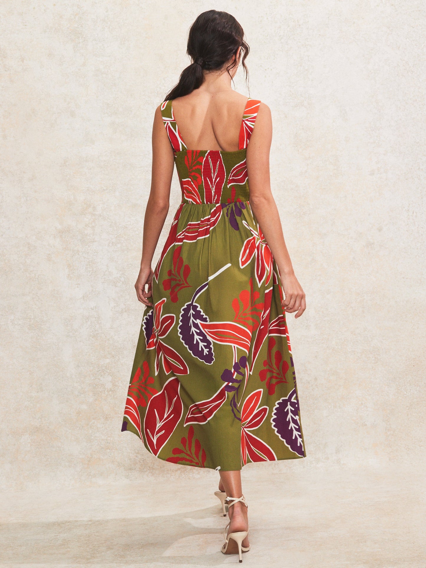Olive Leaf-Print Cotton Dress
