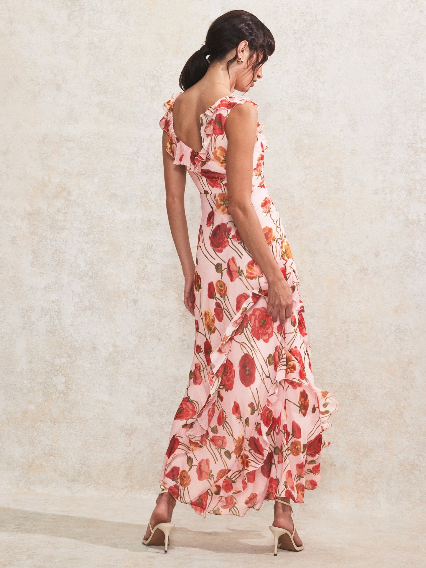 Rosie Pink Poppy-Print Ruffle-Detail Dress