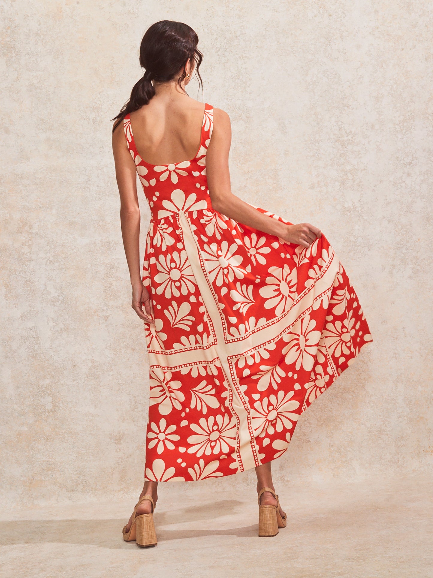 Raya Red Floral-Print Square-Neck Cotton Dress
