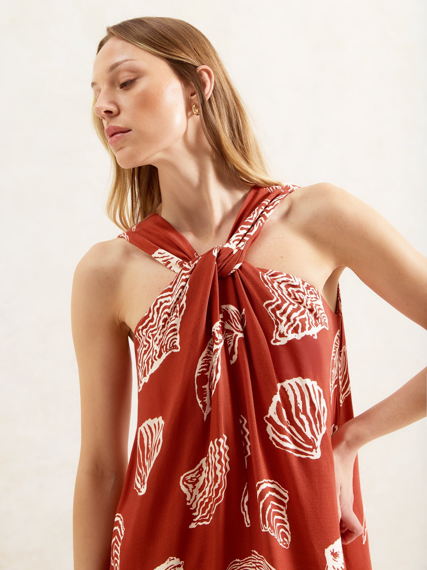 Rust Shell-Print Twist-Halterneck Dress