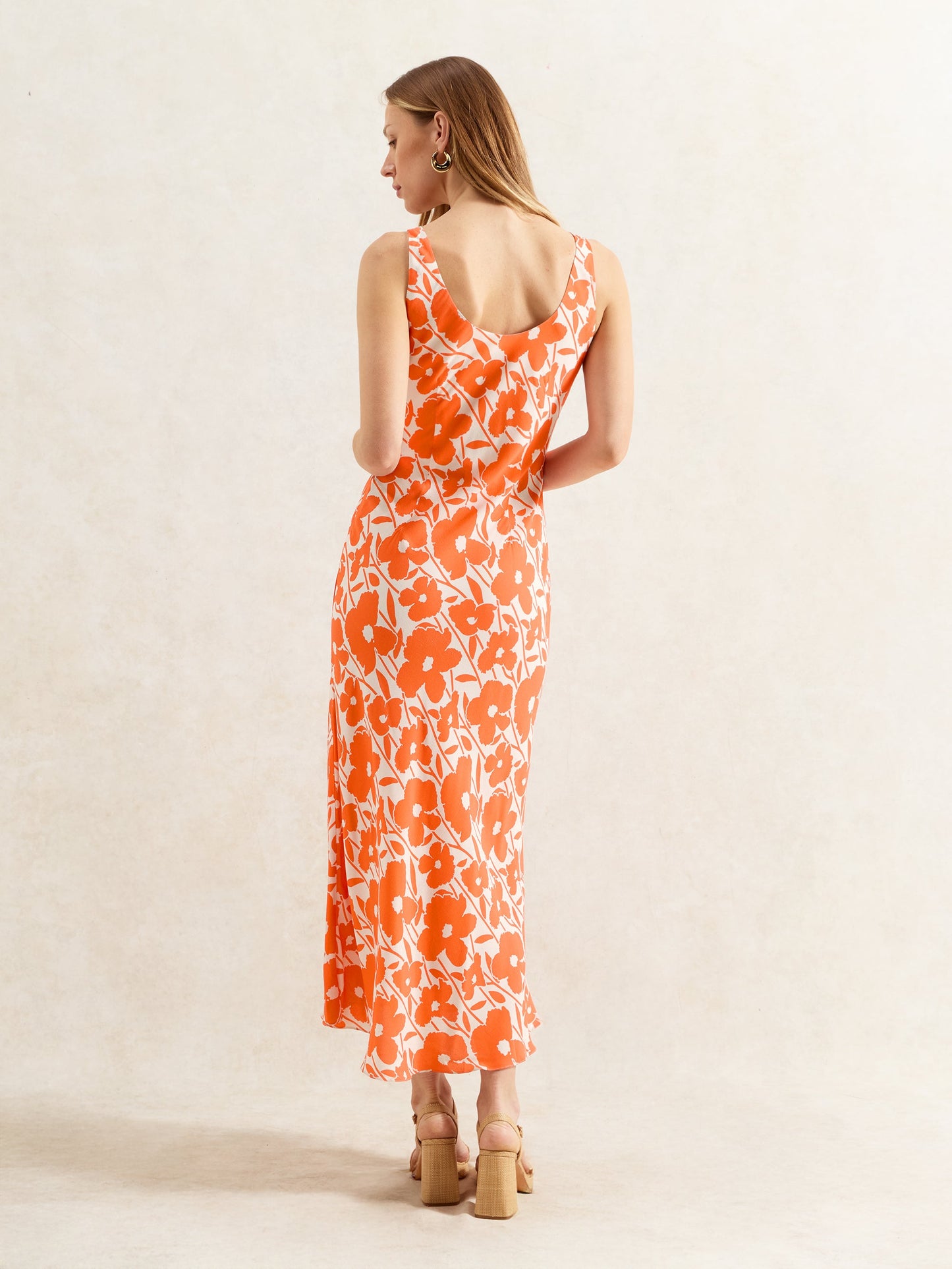 Petite Orange Poppy-Print Scoop-Neck Midi Dress