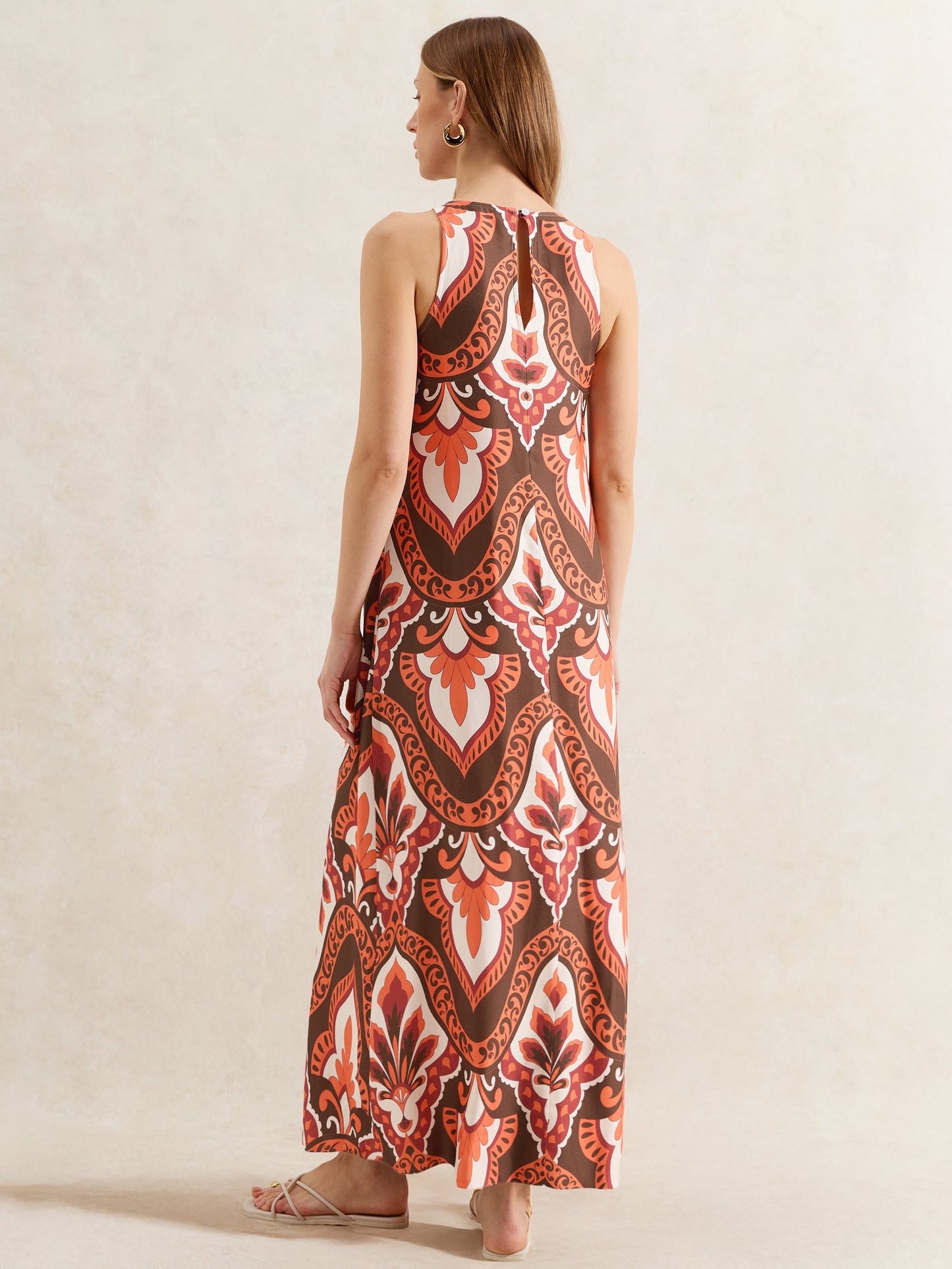 Brown Tile-Print Maxi Dress