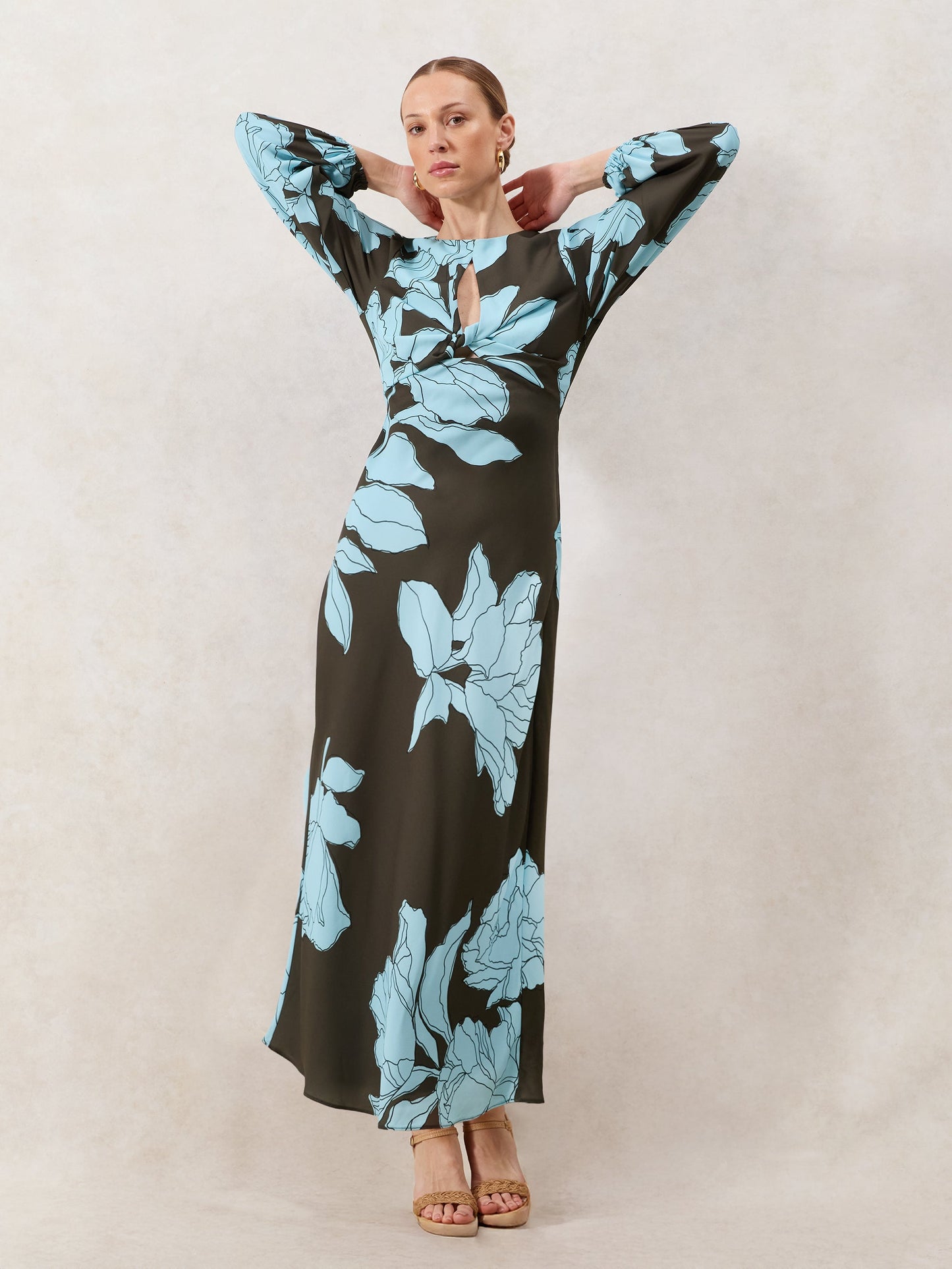 Mae Blue Floral Twist Front Midi Dress