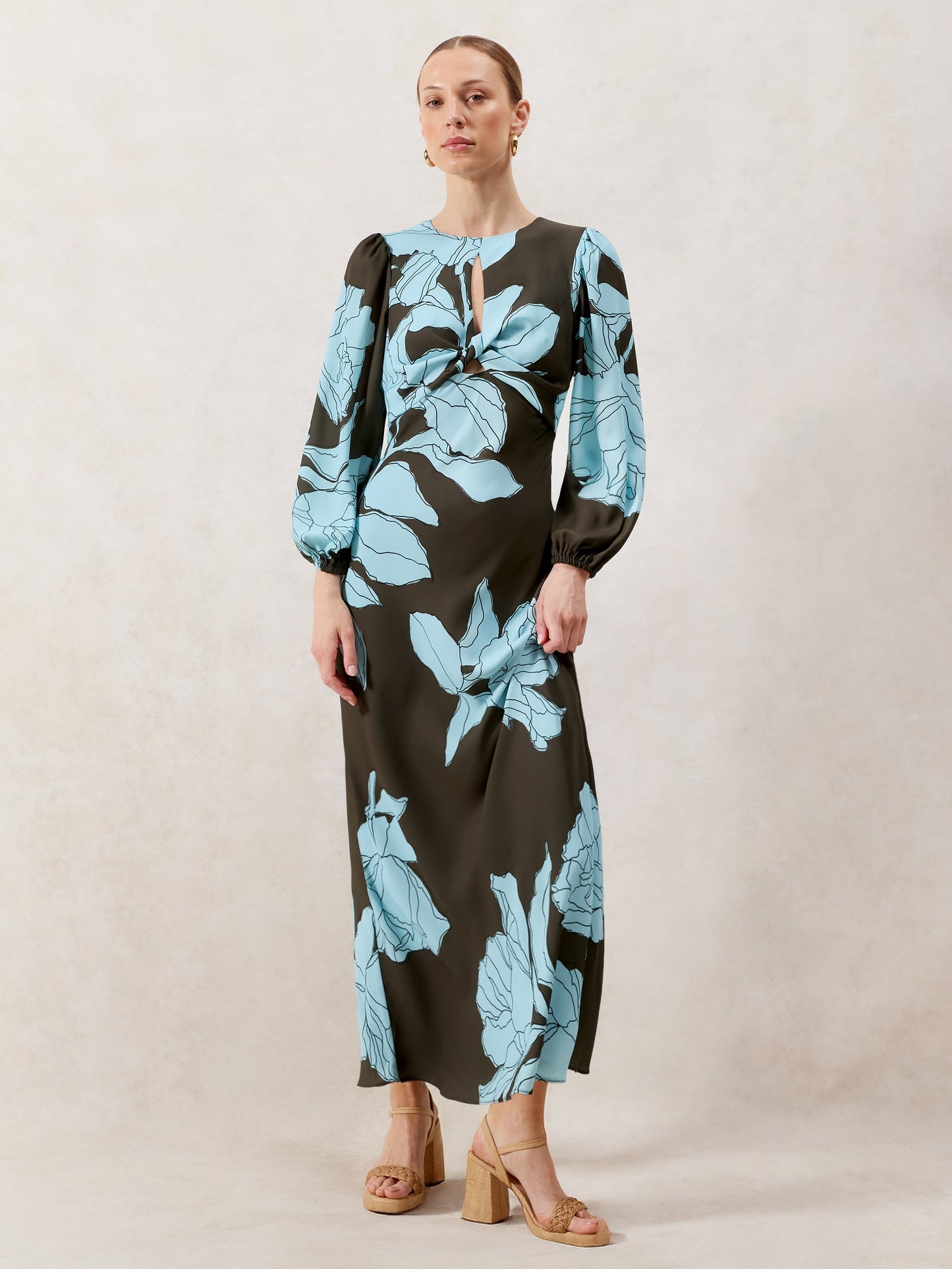 Mae Blue Floral Twist Front Midi Dress