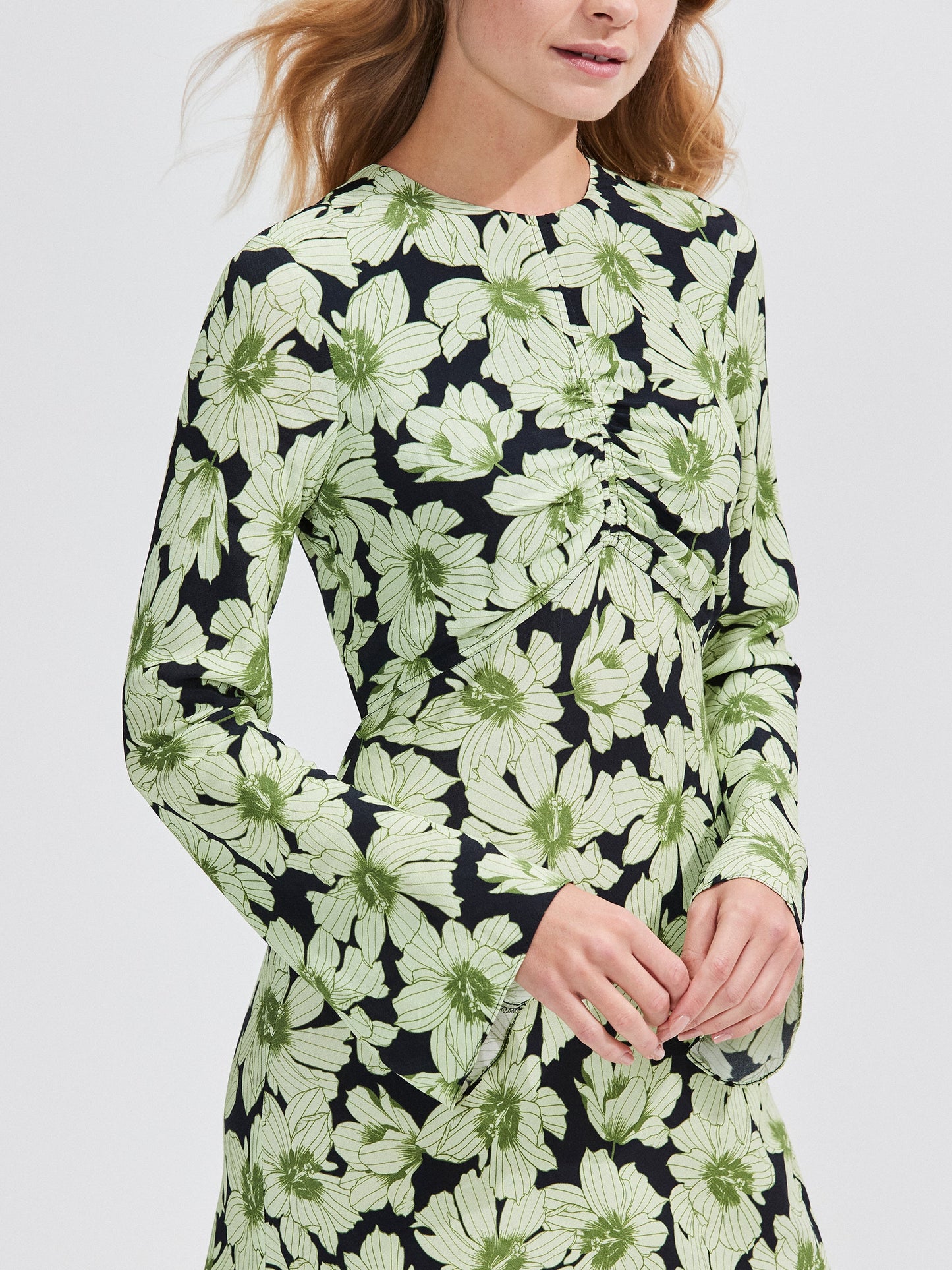 Green Floral Flute Sleeve Dress