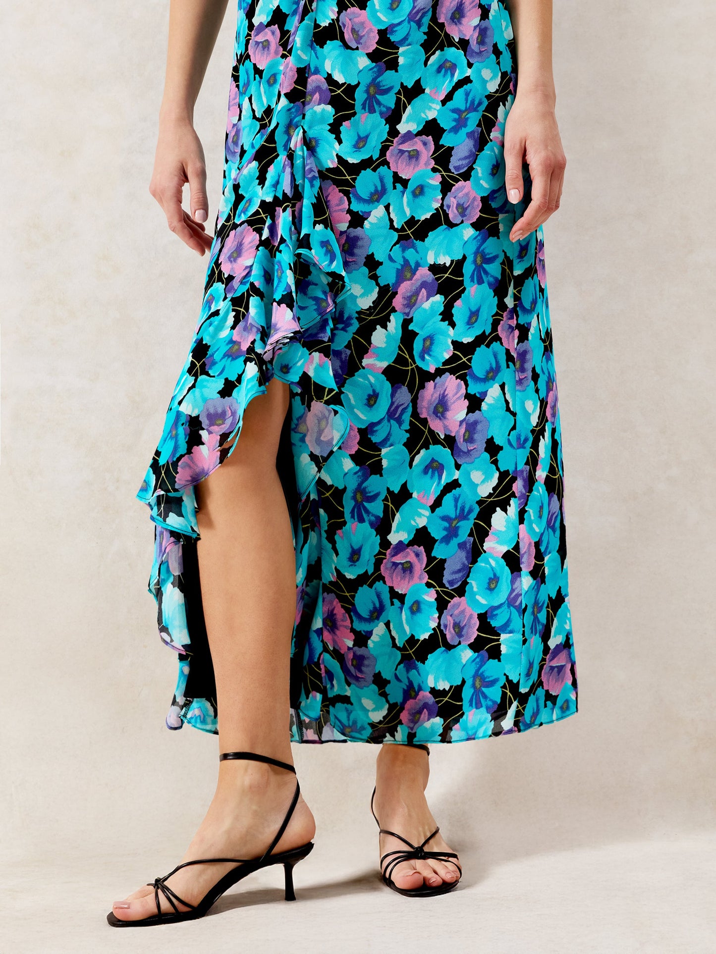 Mia Blue Floral Frill Front Midi Dress