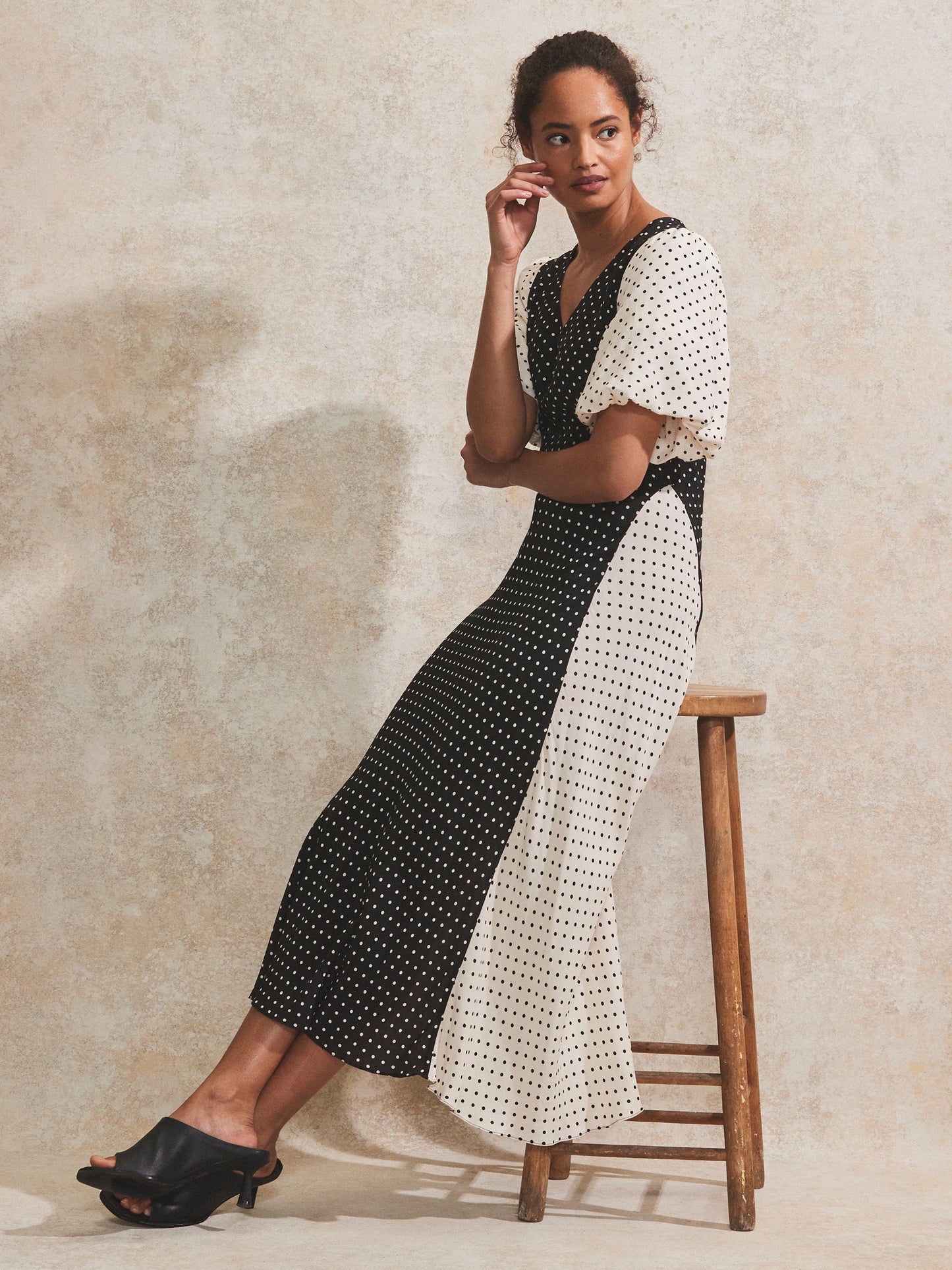 Mono Contrast Polka-Dot Midi Dress