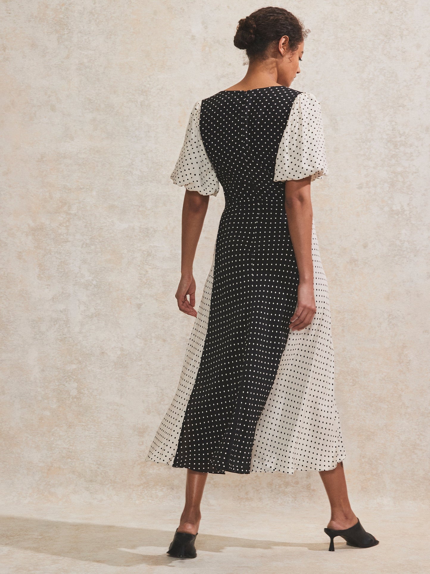 Mono Contrast Polka-Dot Midi Dress
