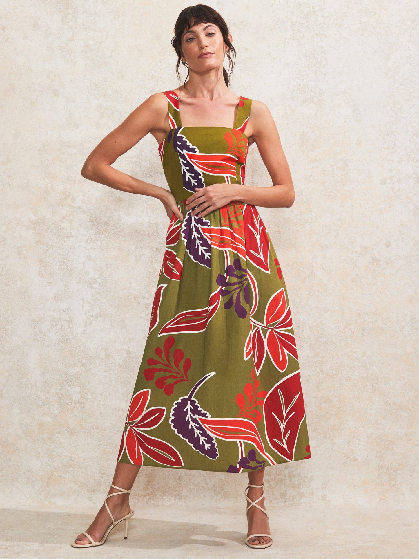 Olive Leaf-Print Cotton Dress