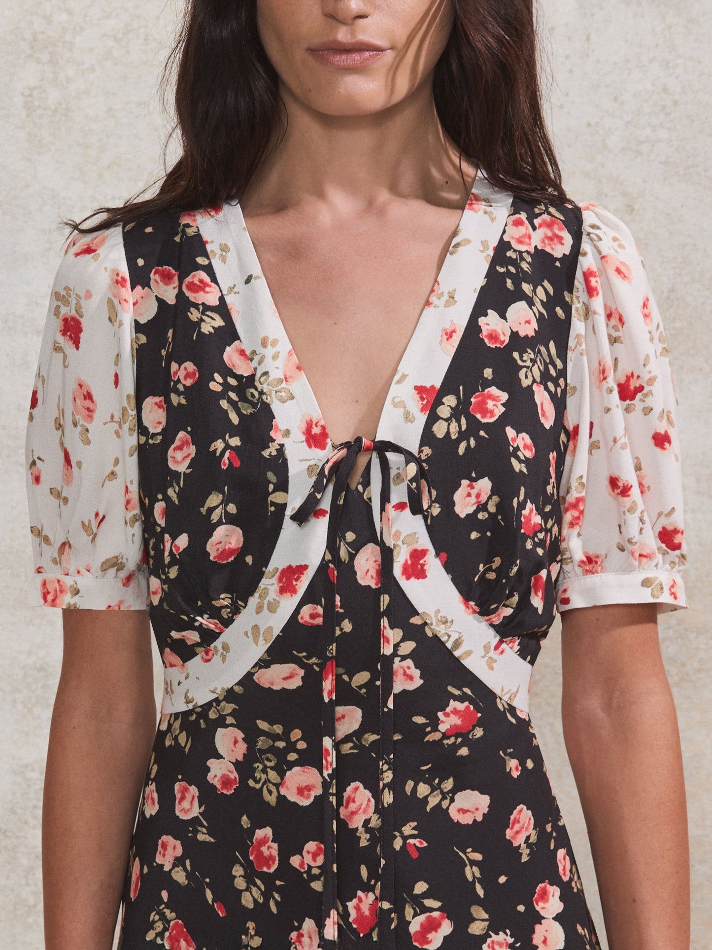 Contrast Rose-Print Puff-Sleeve Midi Dress