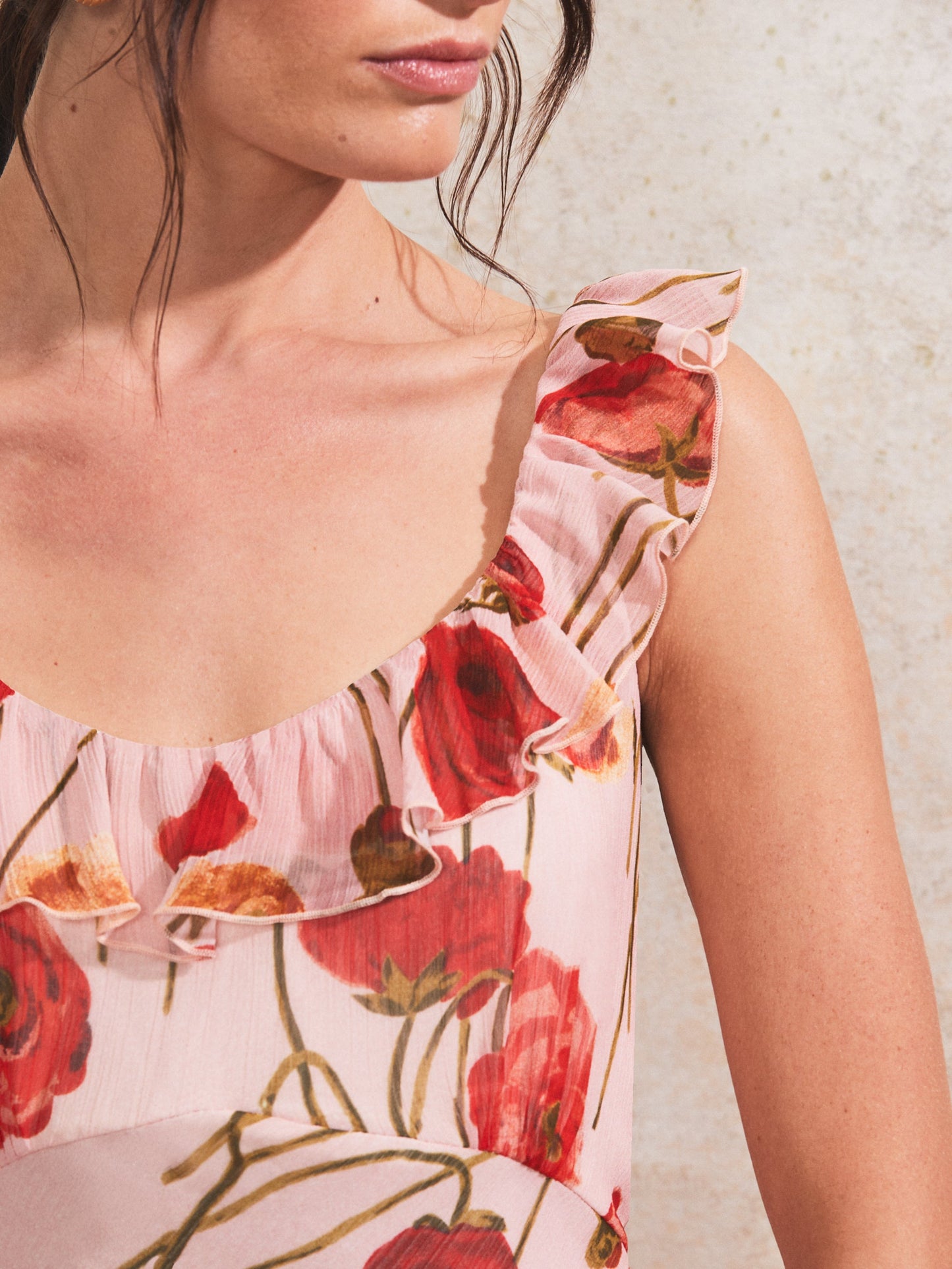 Rosie Pink Poppy-Print Ruffle-Detail Dress