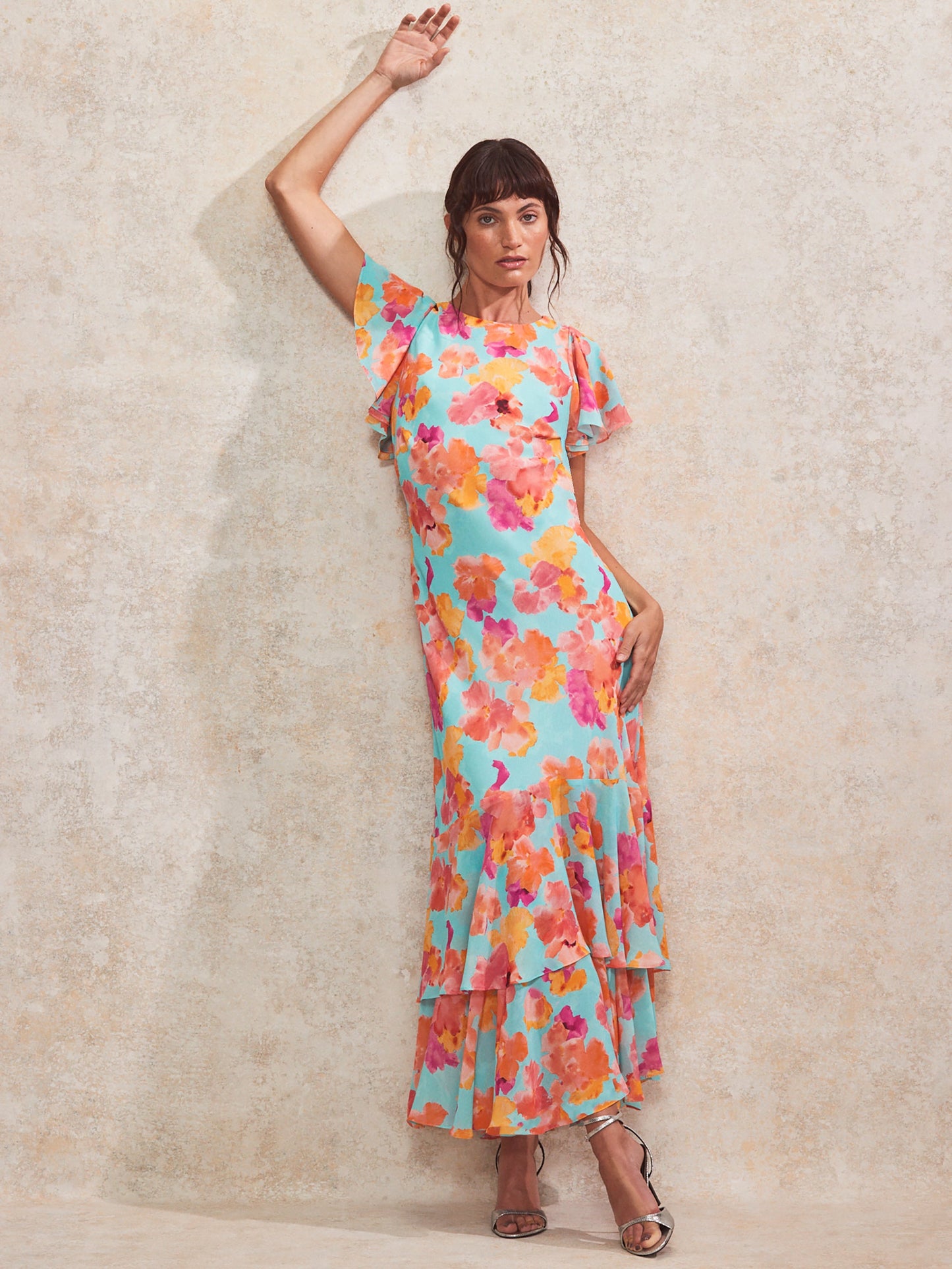 Hazel Blue And Pink Floral-Print Frill-Sleeve Dress