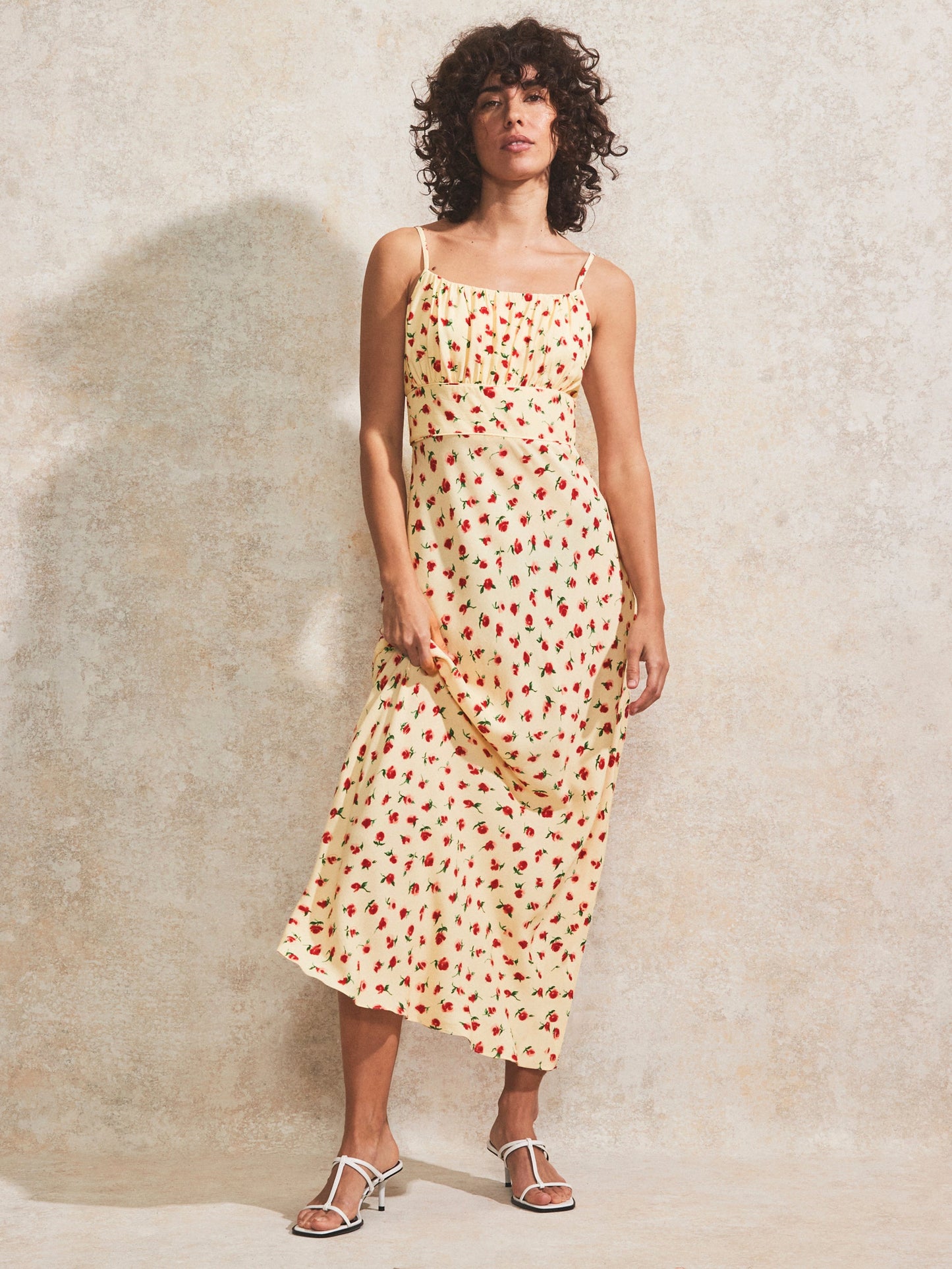 Buttermilk Rose-Print Gathered-Bodice Cami Dress