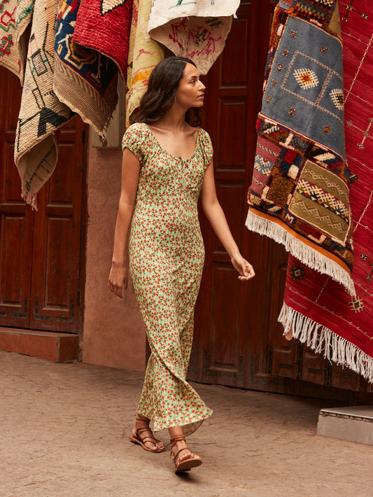 Green Floral-Print Gathered-Neck Midi Dress