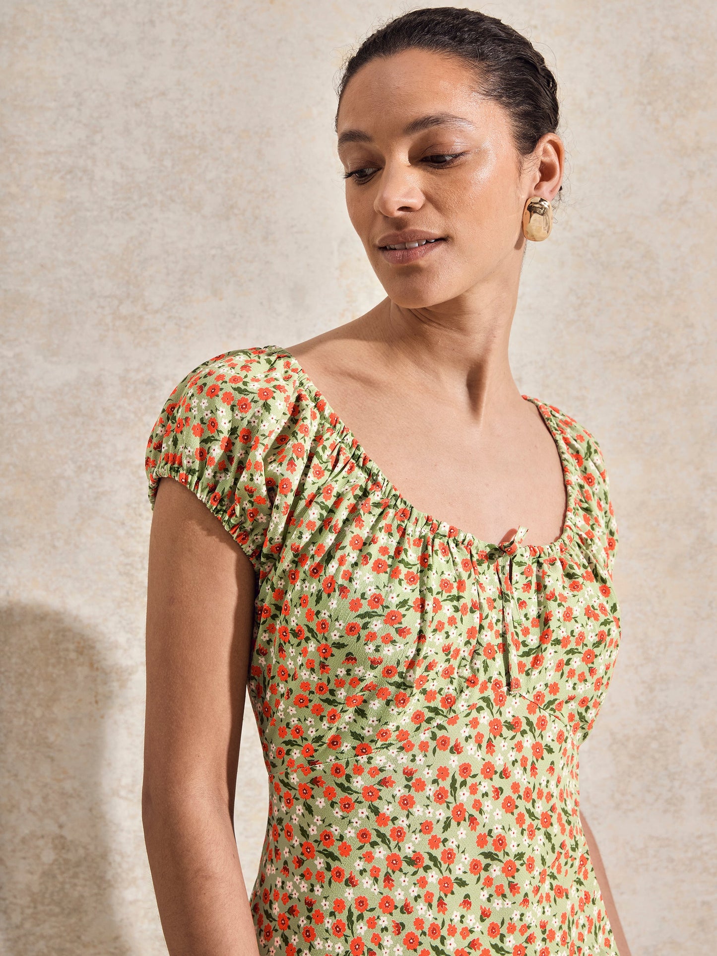 Green Floral-Print Gathered-Neck Midi Dress