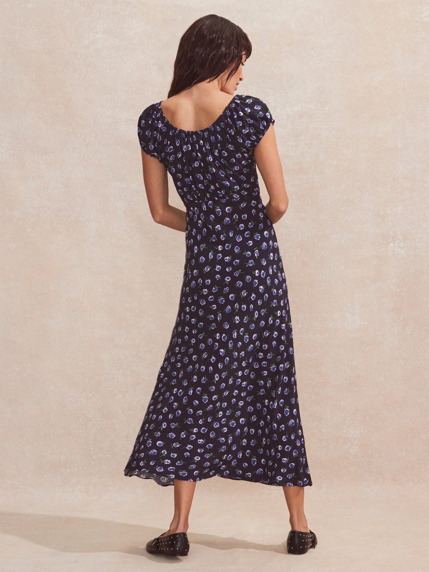 Navy Floral-Print Gathered-Neck Midi Dress