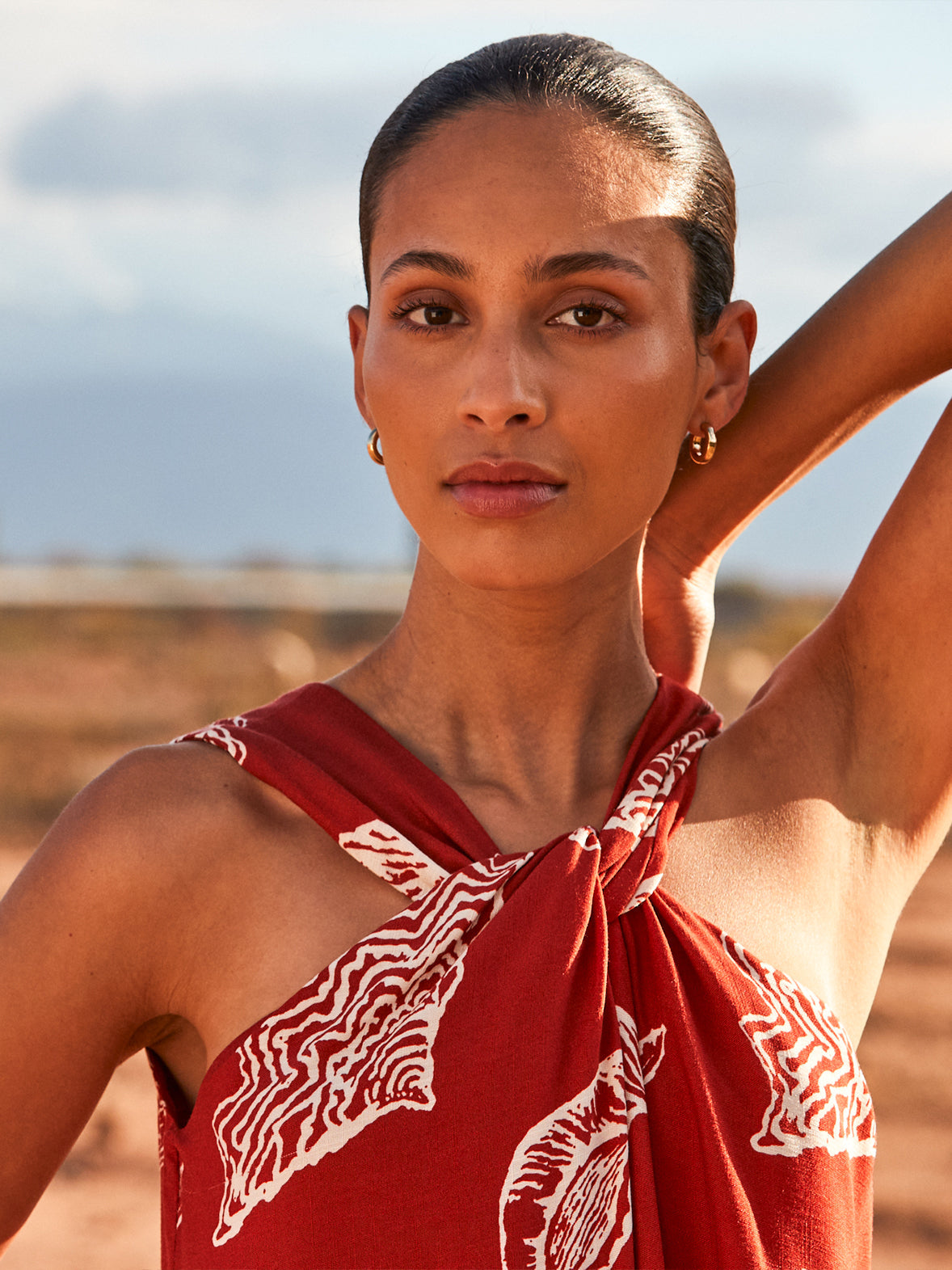 Rust Shell-Print Twist-Halterneck Dress