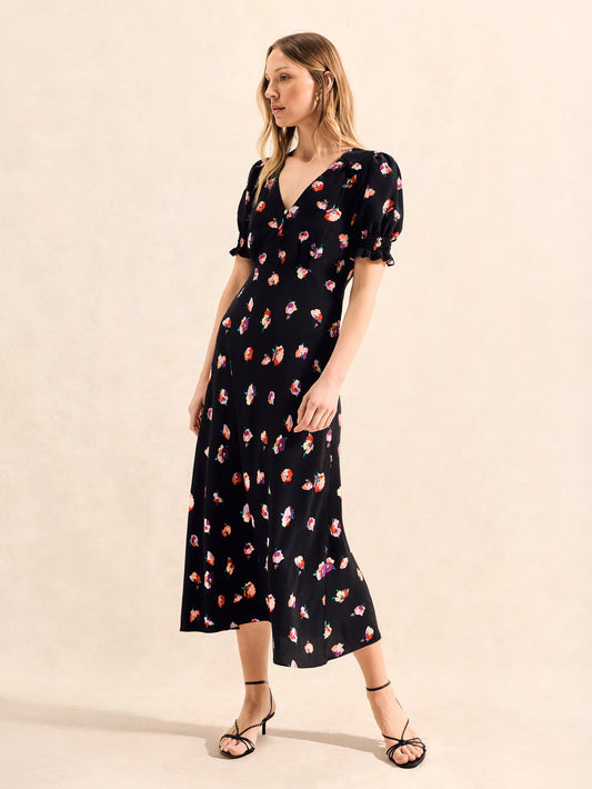 Multi Pansy Print Shirred Cuff Midi Dress