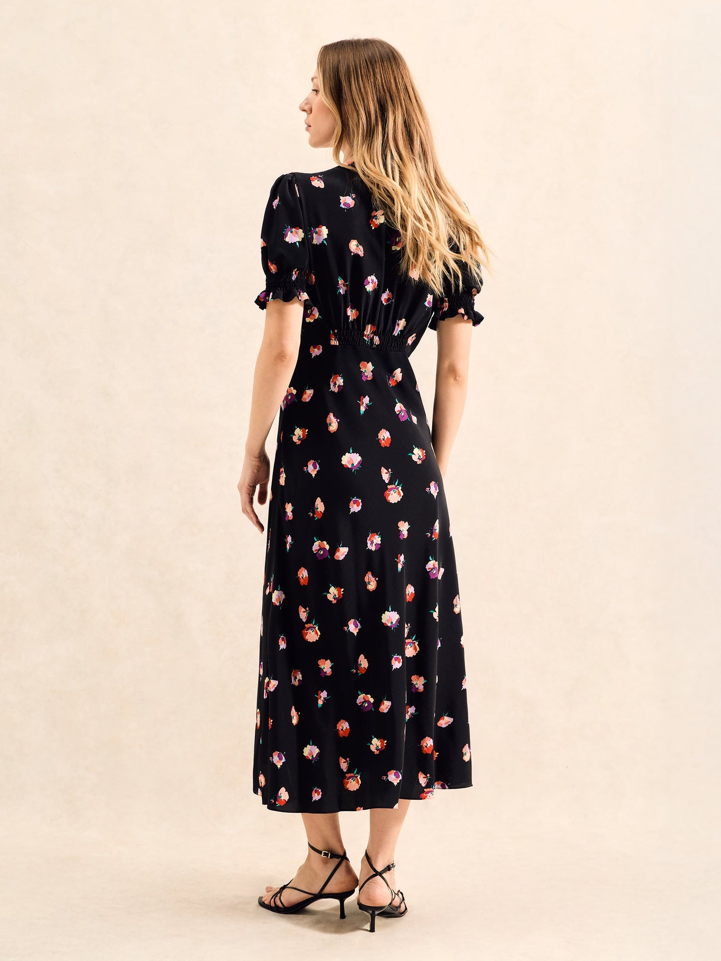 Multi Pansy Print Shirred Cuff Midi Dress