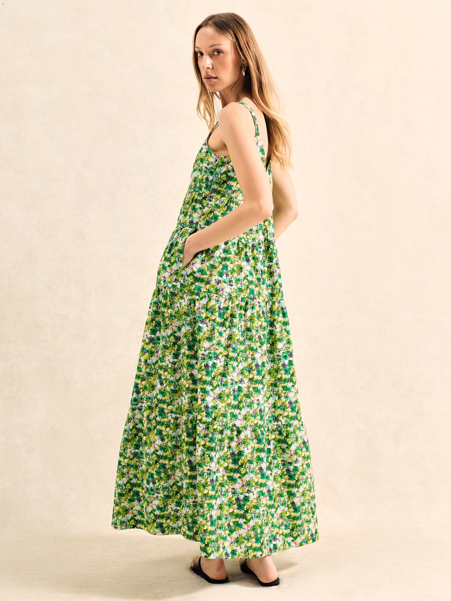 Green Ditsy Cotton Tiered Dress