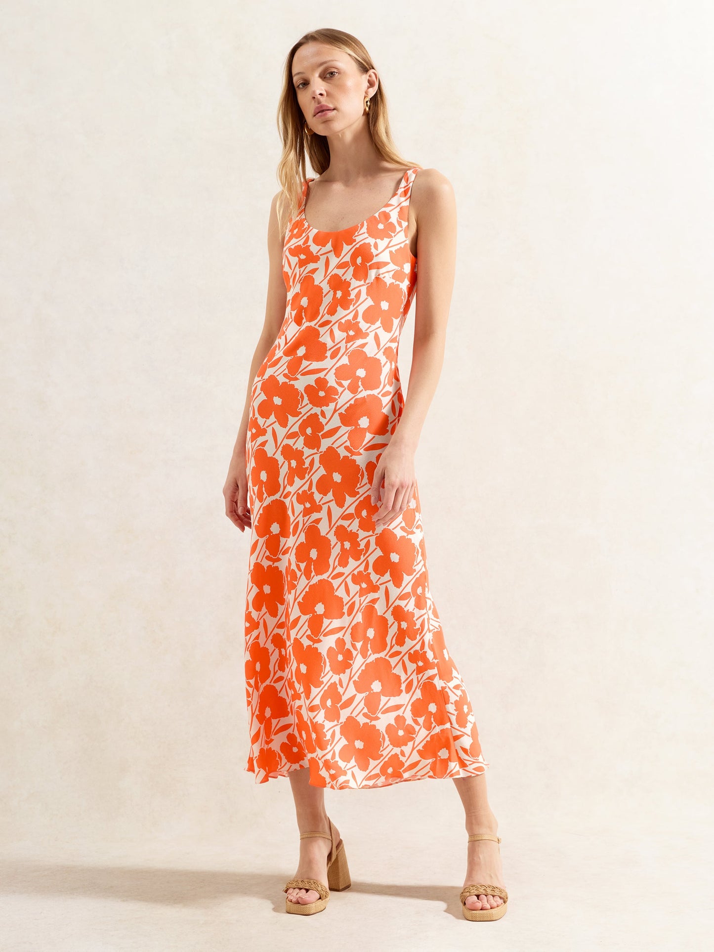 Petite Orange Poppy-Print Scoop-Neck Midi Dress
